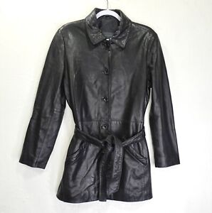 Relativity Trench Coat Womens M Black Leather Button Front Belted Mid Length