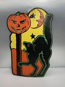 Vtg Beistle Black Cat Crescent Moon Halloween Die Cut Decoration 9” Pumpkin