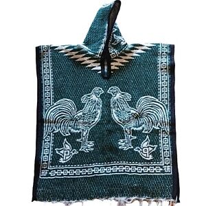 Mexican Poncho For Kids Or Small Adult Rooster Design Dark Green