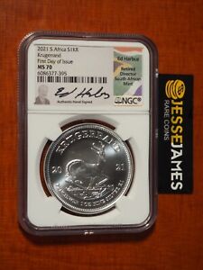 2021 SOUTH AFRICA SILVER KRUGERRAND NGC MS70 FIRST DAY OF ISSUE ED HARBUZ SIGNED