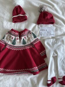 Tahari Sweater Dress Tights Set Baby Girl 0-3 Mo Red Christmas Tree Deer 2 Hats