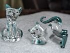 Blown Glass Kitty Cat Figurines Collectibles Set 2 Emerald Green Clear Crystal