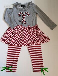 NEW Simply Southern Toddler Girls Christmas Candy Cane Outfit Top Leggings 4 4T