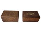 Lot of Two Vintage Carved Wood Jewelry Trinket Boxes w/ Inlays Hinges Wooden Box