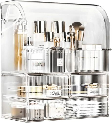 XLarge Acrylic Makeup Organizer with Lid Dust Waterproof Cosmetic with 3 Drawers