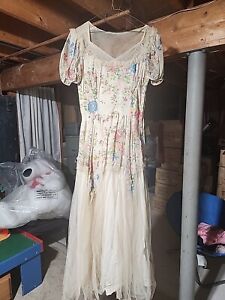 Vtg Handmade Dress Gown Beige Floral Lace Victorian 1900s Fancy Pretty