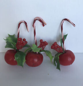 New ListingVintage Christmas Ornament Cherry Holly Candy Cane Hard Plastic Lot 3 Red Green
