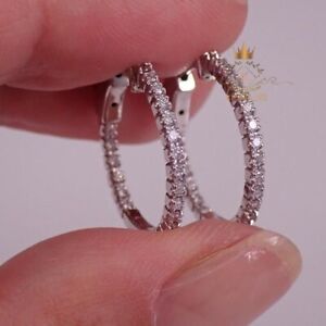 Solid 14K White Gold VVS1 Moissanite Inside-Out Hoop Earrings 1.50 CT Round Cut