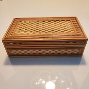 Woven Bamboo Box Red Flock Lined with Paper Hinged Lid Jewelry Trinkets EUC