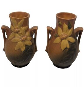 New Listing2 Roseville Pottery Clematis - Two Handled Vase # 108-8, Brown Yellow