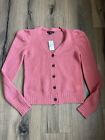 NEW Saks Fifth Avenue 100% Cashmere Size Small Pink V Neck Cardigan Puff Sleeve
