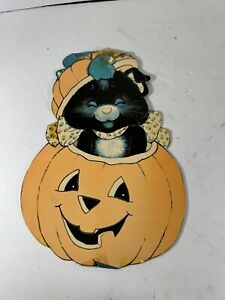 Vtg 80s Halloween Diecut Jack-O-Lantern Pumpkin Black Cat Kitten