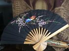 Vintage Japanese Hand Painted Bamboo & Silk Folding Hand fan Gold Decor - Large