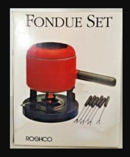 Roshco Fondue Set EUC Porcelain Enamel on Steel Pot Red