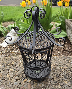Vintage Decorative Wrought Iron Bird Cage Candle Holder / Plant Hanger Black