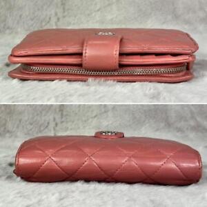 CHANEL Quilted Lambskin Folding Wallet with Silver Coco Mark Pink CC Logo Ladies