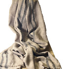 100% Wool Tan W Striped Band Oversized Scarf Wrap Shawl
