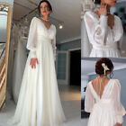 Chiffon Simple Wedding Dresses Long Sleeves V Neck Lace Backless Bridal Gowns