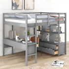 Heavy Duty Wooden Loft Bunk Beds Full Size Loft Bed with Desk & Storage Shelves