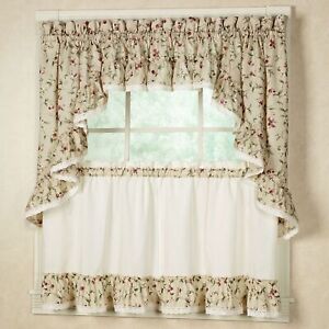 Cherries Natural Ruffled Cotton Washable Fruit Window Curtains Made in USA