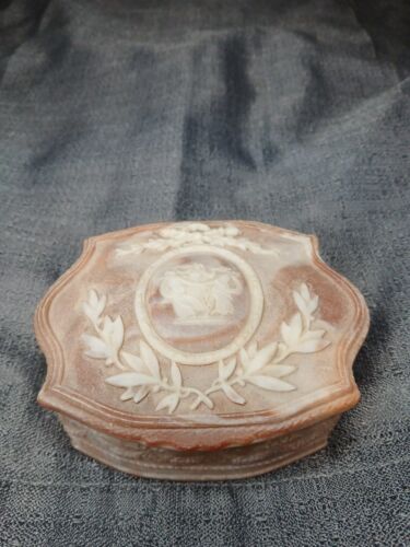 Vintage Incolay Carved Stone Trinket Jewelry Box Pink Peach Victorian Design