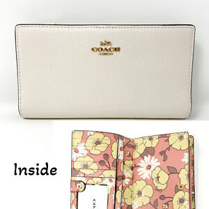 NWT Coach Slim Zip White Leather Wallet With Floral Cluster Print Interior CH253