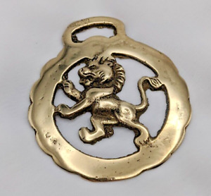 Brass Horse Medallion Vintage English Rampant Lion Leo Jungle King Show Harness