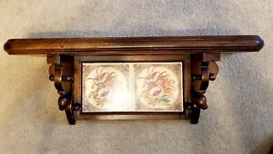 Antique Arts and Crafts Carved Wall Shelf w Painted Tiles Super Find Price Cut
