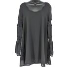 Umgee Tunic Top M Black Sheer Crochet Bell Flare Sleeve Scoop Neck Back Layered