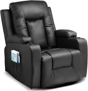Black Leather Recliner Chair Rocker with Heated Massage 360 Degree Swivel Sofa
