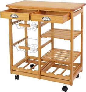 Wood Mobile Kitchen Island Serving Cart on Wheels with Towel Rack for Home