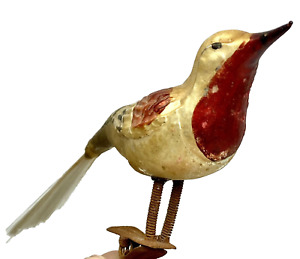 Vintage Blown Mercury Glass  Clip On Bird Robin Ornament Spun Tail