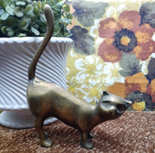 VINTAGE MCM SOLID Brass Cat Figurine Long Tail Pretty Natural Patina