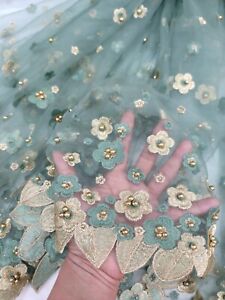 Sage Lace Gold 3d Floral Flowers Embroidery Sequin Fashion Fabric By The Yard