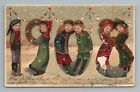 HTL Hold To Light Large 1908 Number Kids Snow New Year Postcard