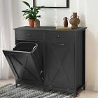 Double Tilt Out Trash Cabinet Wooden 20 Gallon Garbage Can Holder with 2 Drawers
