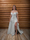 Simple Minimalist Draped Off the Shoulder Wedding Dress Bridal Gown Side Slit