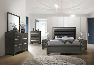 Kings Brand Furniture - Gray with Faux Leather Headboard King Size Bedroom Set