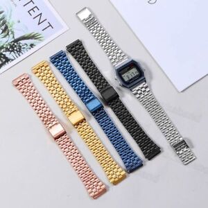 Vintage Classic Watch Band for Casio A158 A168 Silver Block Gold Steel Strap