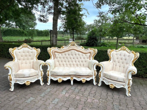 Italian Baroque/Rococo Sofa Set with Bergere Chairs - Lacquered Beech & Damask