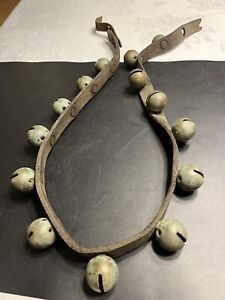 Antique 14 Brass Sleigh Bells On 45” Leather Strap Christmas Jingle Bells