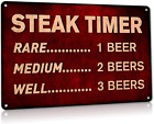 Funny Beer Sign Steak Timer - Metal BBQ Rules Sign, Outdoor Tin Signs for Patio,