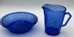Vintage Shirley Temple Cobalt Blue Glass Hazel Atlas Cereal Bowl & Pitcher Set
