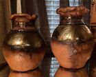 New ListingMid Century Leather Wrapped Pottery Vase Etched Brass Tone Metal Collar Set