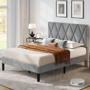 Queen Size Bed Frame With Upholstered Platform Adjustable Headboard Foundation