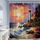 JJNAEE Lighthouse Shower Curtain Vintage Scenic Oil Painting Sunset Coastal R...