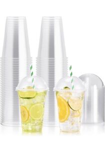 100 Set, 16 oz Crystal Clear PET Disposable Plastic Cups ￼ With Dome Lids.