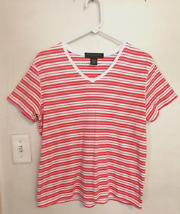 Banana Republic Womens Blouse XL Shirt Pink White Striped Short Sleeve Top Work