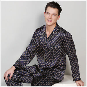 Men's Print 100% Mulberry Silk Pajamas Set Long Sleeves Silk Sleepwear S M L XL
