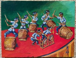 Vintage 70s Asian Themed Percussion Oil Painting Modern Art Wall Hanging Signed